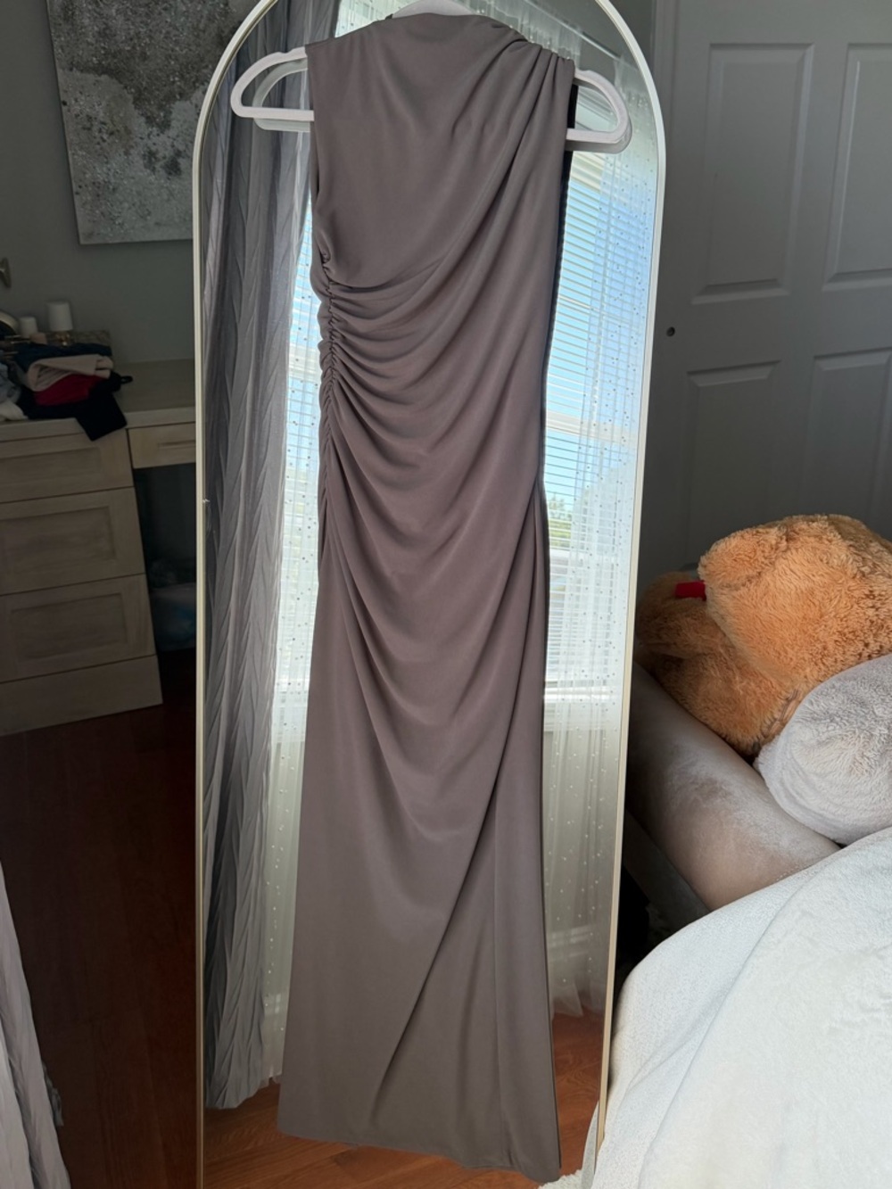 Zara Ruched Midi Dress in Taupe Brown